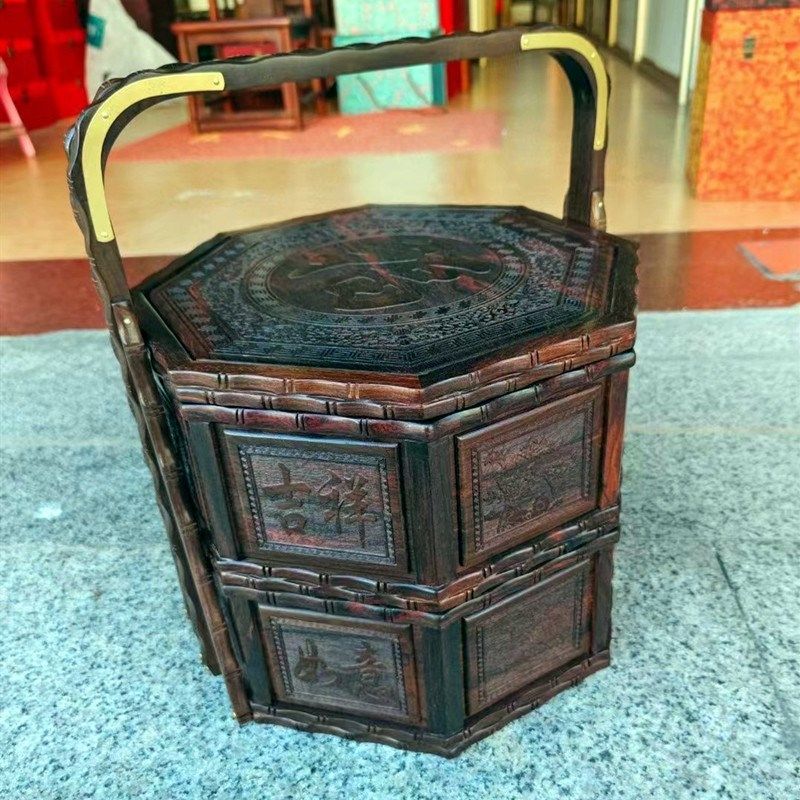 红木二层提篮红酸枝中式古典手提食盒双层大号木雕糖果盒实木果盘,家居饰品,果盘/果篓,淘宝优惠券,粉丝福利购,淘宝优惠卷