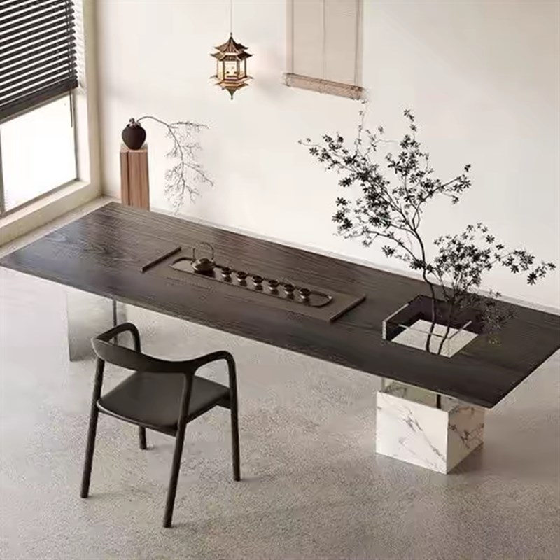 侘寂风实木茶桌椅组合现代简约客厅家用茶几盆栽悬浮亚克力茶台桌