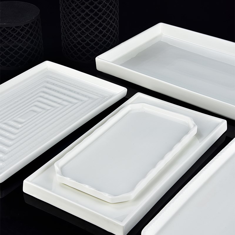 纯白色简约陶瓷长方盘饭店方形平底冷菜展示餐盘凉菜摆盘茶杯托盘