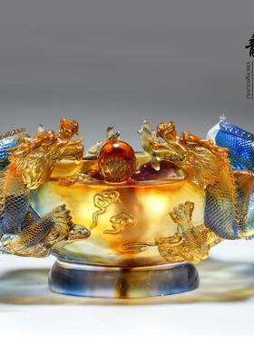 琉璃龙聚宝盆招财双龙戏珠礼品摆件工艺品店铺财位聚财开业礼物