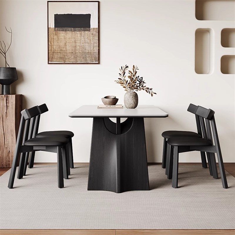 飞鸦复古黑色实木餐桌简约设计师款长方形哑光白岩板餐桌2025新款
