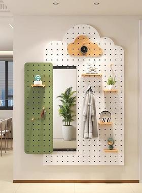 实木洞洞板入户玄关穿衣镜一体隐形推拉镜可定制收纳壁挂式全身镜