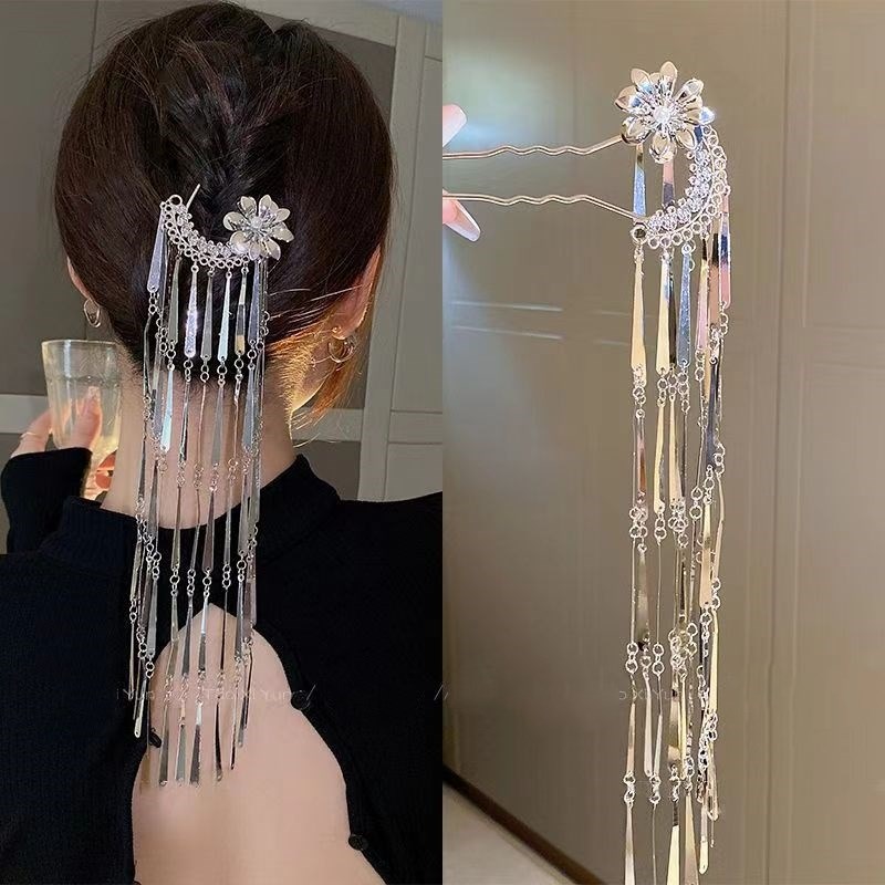 新中式花朵风铃步摇U型簪长B流苏簪子民族风清冷发簪发钗