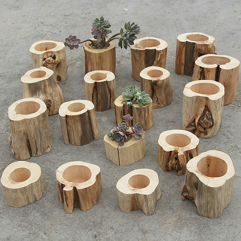 圆形实木花盆多肉石斛兰s花木质田园花槽室内户外树桩老木料盆景