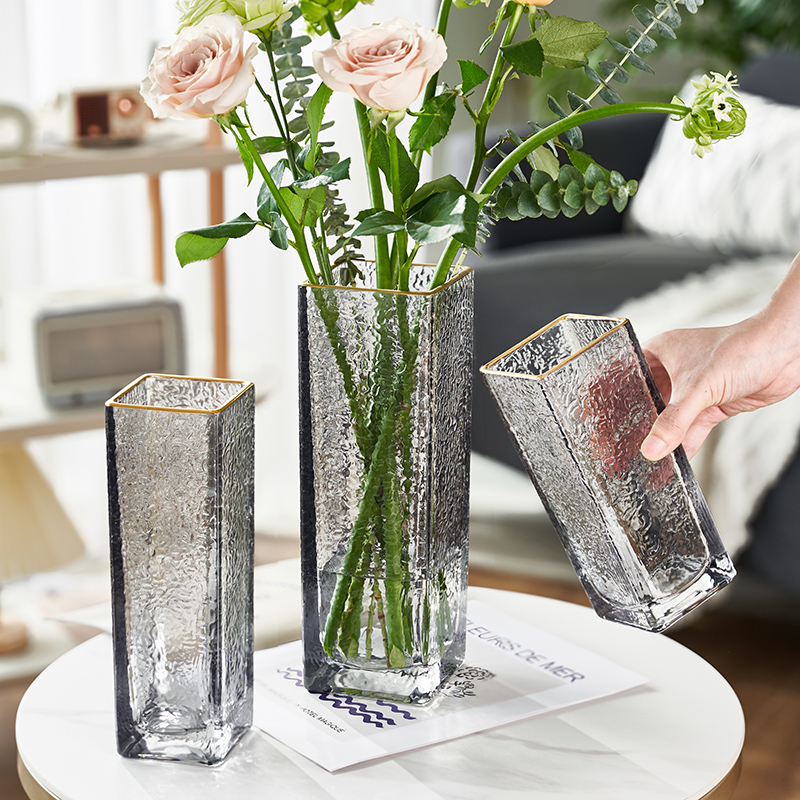 欧式轻奢锤纹描金玻璃花瓶透明方口水培植物鲜花插V花瓶家用摆件
