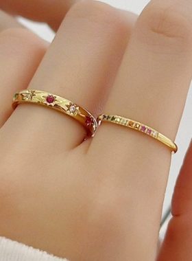 大码戒指女胖MM彩虹锆石镶钻叠戴高级感小众戒指胖人粗手食指指环