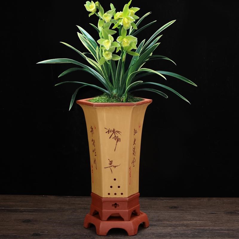 紫砂花盆精品手工兰花盆室内桌面高束腰六方刻绘带托盘中国风