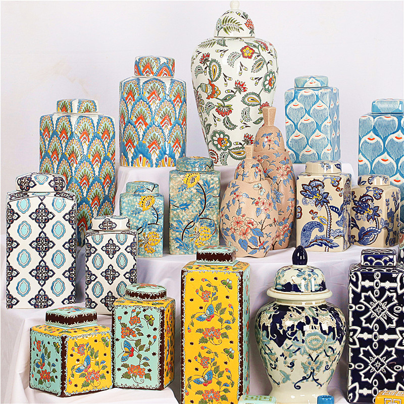 中欧式家居装饰粉彩陶瓷储物罐民宿客厅电视柜摆件玄关博古架摆设