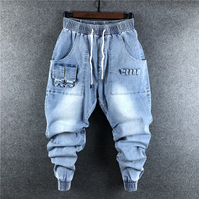 夏季休闲水洗牛仔裤男个性小脚大码宽松工装哈伦裤韩版潮流长裤子