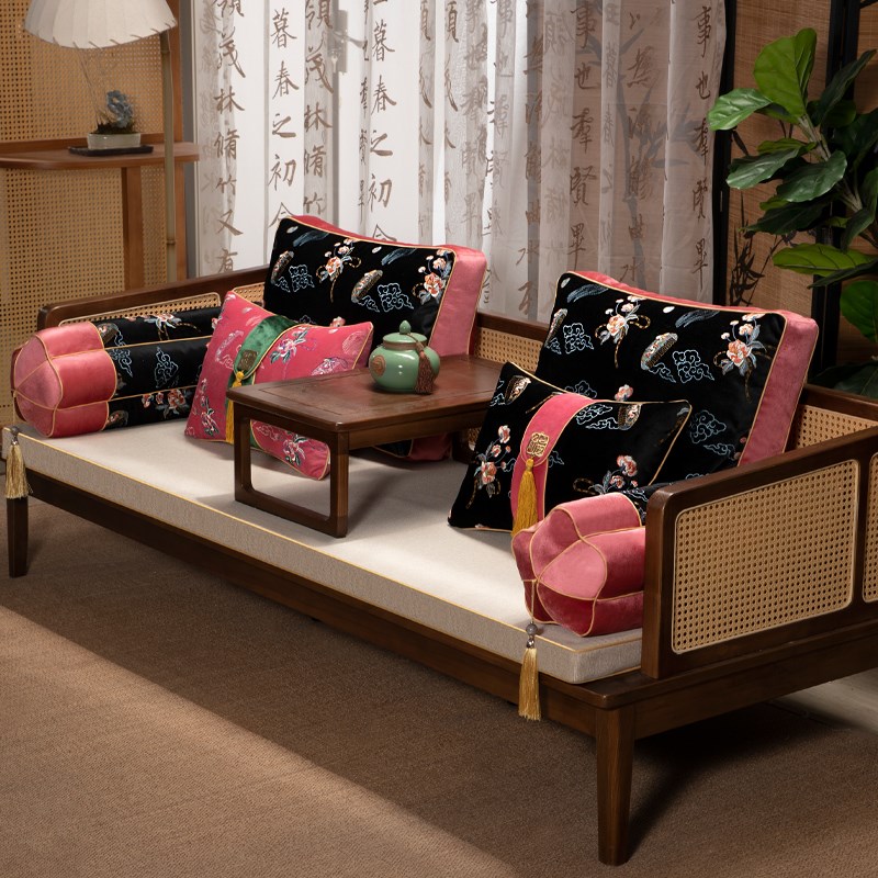 中式绒布罗汉床坐垫o红木沙发垫刺绣实木家具飘窗垫套罩支持定制