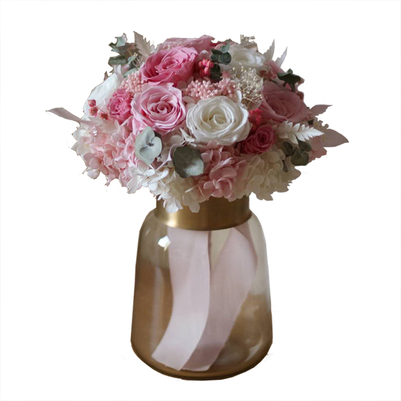 清新粉色永生花玫瑰花束米花绣球家居装饰新娘婚礼手捧花求婚告白