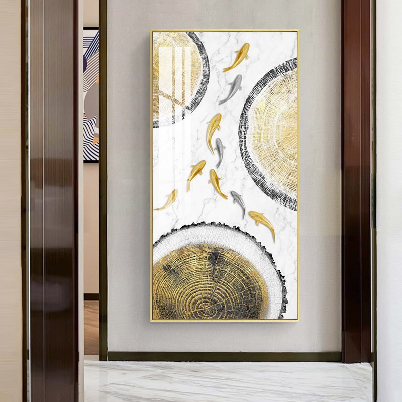 玄关画过道走廊装饰画简约现代九鱼图挂I画铝合金框壁画镜面轻奢