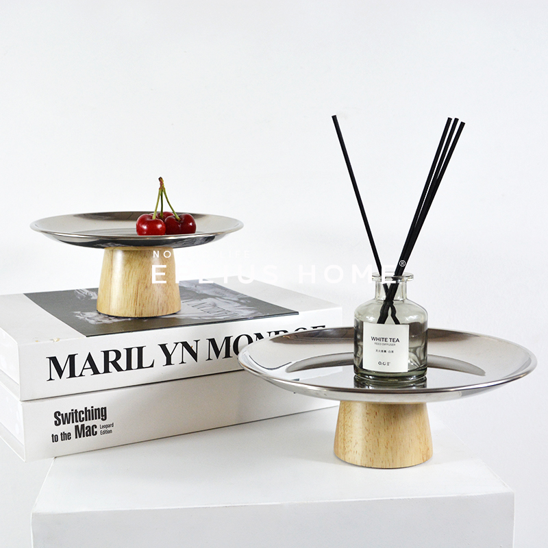 ins风不锈钢高脚托盘蛋糕木质甜点点心架展示架道具摆件置物果盘