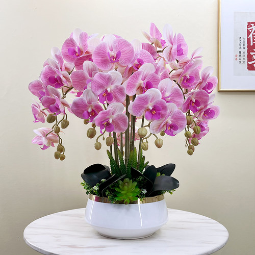 仿真花蝴蝶兰套装手感假花盆栽客厅餐桌摆放绢花中式陶瓷花卉摆件