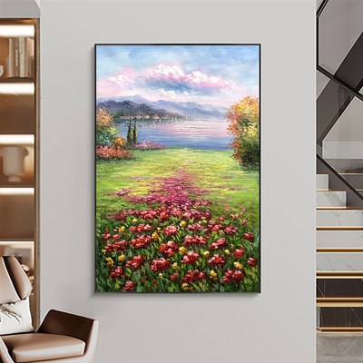 手绘入户玄关竖版过道现代简约面朝大海春暖花开田园风景装饰油画