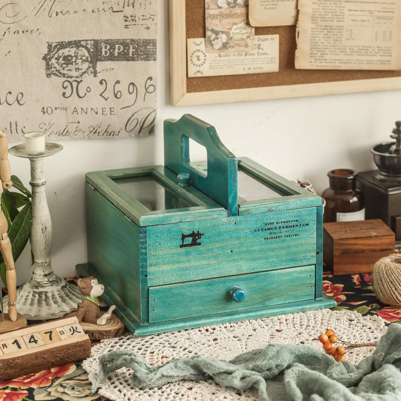 手提针线盒抽屉式桌面收p纳盒zakka药箱木质分隔带盖化妆品储物盒