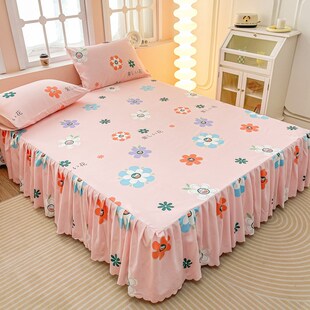 亲肤水洗棉磨毛j印花荷叶边简约床裙三件套水洗棉套防滑工厂