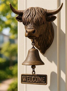 跨境新款Handmade Highland Cow Welcome Bell高地牛迎宾铃壁钟