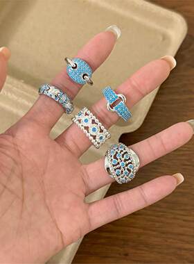 复古民族风蓝色锆石几何戒指小众设计感开口指环波西米亚风配饰女