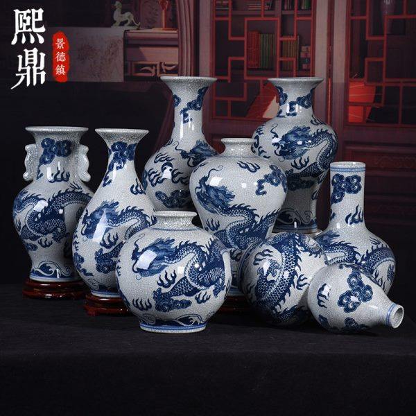 釉下彩青花龙纹仿古官窑裂纹釉陶瓷花瓶复古中式酒柜博古架装饰品