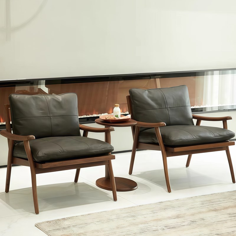 北美黑胡桃木休闲椅办公室单人实D木沙发椅轻奢真皮洽谈会客椅