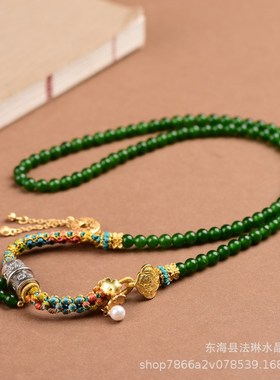 藏式小清新d吊坠绳手工编织桃花结脖挂项链珍珠手绘唐卡扎基拉姆