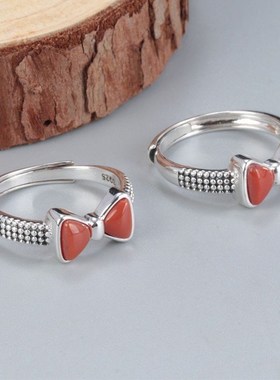 【蝴蝶结】仿南红玛瑙戒指女时尚简约韩版小众设计开X口食指指环