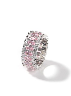 古萌嘻哈跨境粉色椭圆戒指铜镶锆石情侣款欧美简约W个性戒指