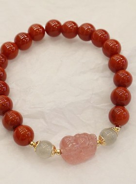 新款网红b古风直播红色珠子手链草莓晶貔貅月光石民族风手串学生