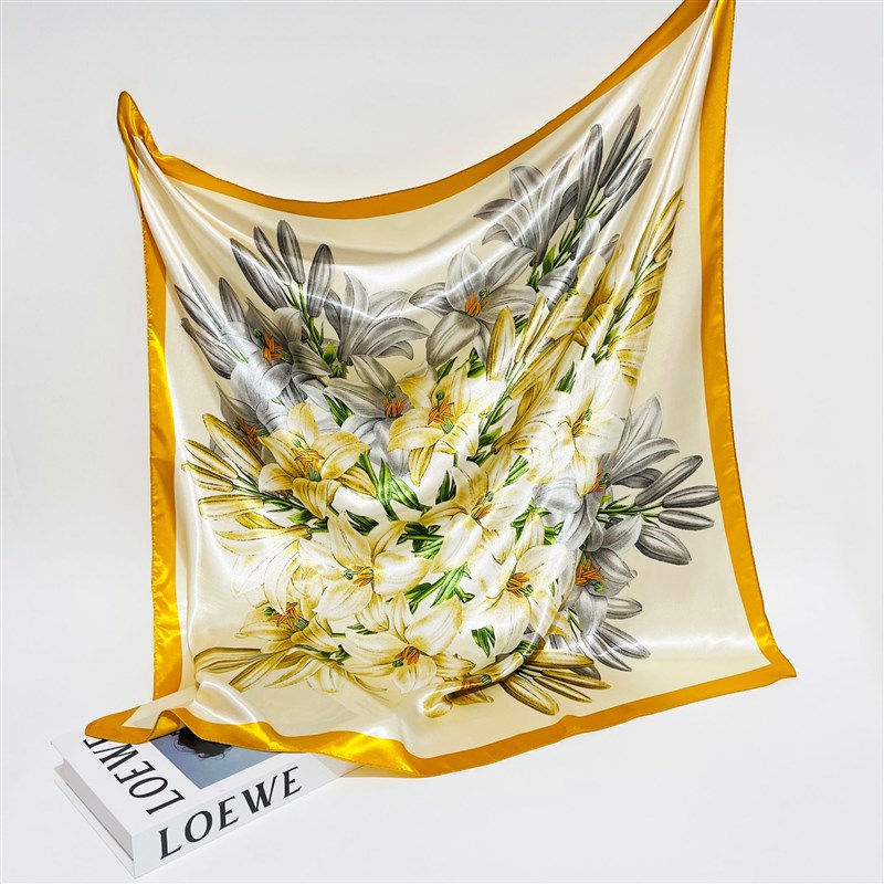 简约素雅百合花朵 90cm大方巾 外E贸民族女士包头巾伴 手礼品丝巾