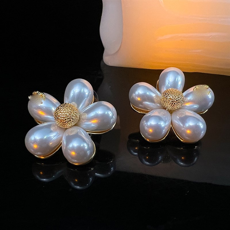 花朵耳钉新中式vintage小众百搭香珍珠打O标耳环女小众精致耳钉