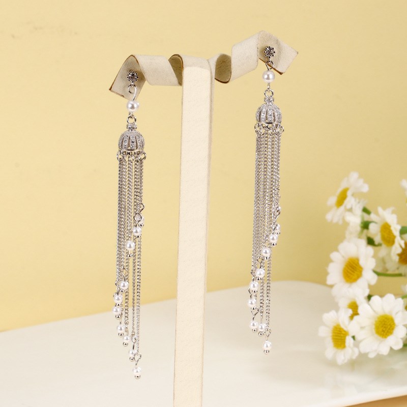 2023新款小众设计高级感长款流苏BS925银针珍珠皇冠耳钉女耳环耳