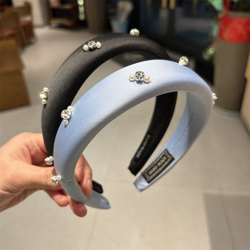 新款宽边海绵缎面发箍时尚水w钻珍珠高级感复古发卡高颅顶头箍发