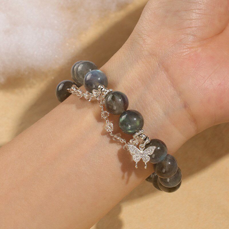 灰月光蝴蝶手链天然黑曜石手串小众月光溏心玛瑙合金W方钻手串首