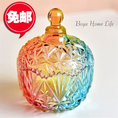 包邮彩色琉璃工艺摆件糖果罐精美礼H品小盖碗工艺生日礼物小盒
