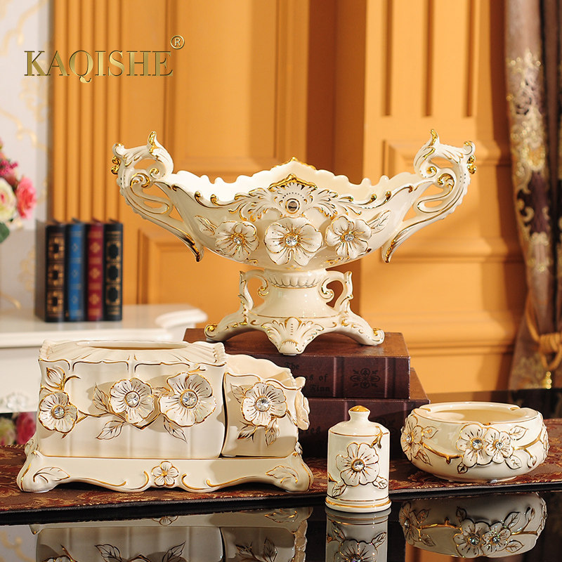 欧式水果盘客厅奢华茶几摆件装饰品陶瓷果盘现代创意家用三件套装