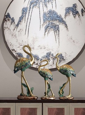 新中式手工彩绘仙鹤客厅电视柜玄关酒柜桌面摆件树脂家居软装饰品