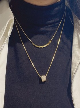 奢华超闪方块双层叠戴项链u女轻奢微镶锆石小蛮腰锁骨链优雅气质