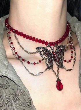 甜酷气质红色水晶串珠蝴蝶流苏项链女轻奢复古夸T张个性小众锁骨