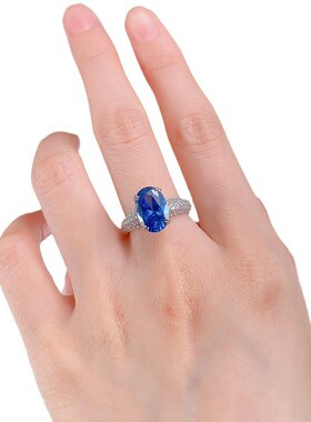 珠宝 新款仿j真皇家蓝8*12椭圆戒指女S925银简约指环订婚指环