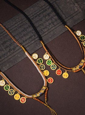 新款藏式手搓棉男女项p链绳天珠手绘唐卡五路财神编织绳复古毛衣