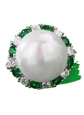 珠宝 2023新款925银欧B美款贝珠戒指镶嵌绿锆时尚百搭简约款