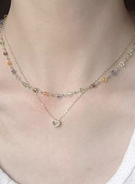 轻奢简约彩色爱心水晶叠戴项链女锁F骨链甜美小众设计高级感颈链