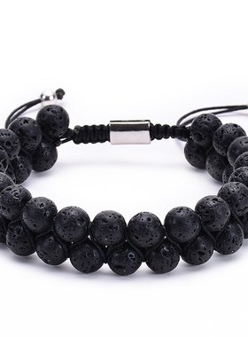 亚马逊热卖 天然虎眼石熔岩火山石双排手链 双P层珠子缠绕编织手