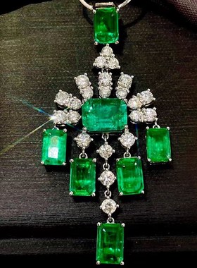 直播新款优雅大方仿真祖母绿项链 高级重工设计奢V华满钻方形吊坠