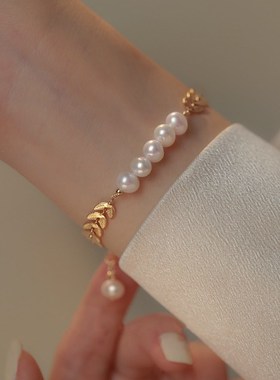 淡水珍珠月桂枝手链o金属质感柳叶设计月桂叶珠子女生异形麦穗