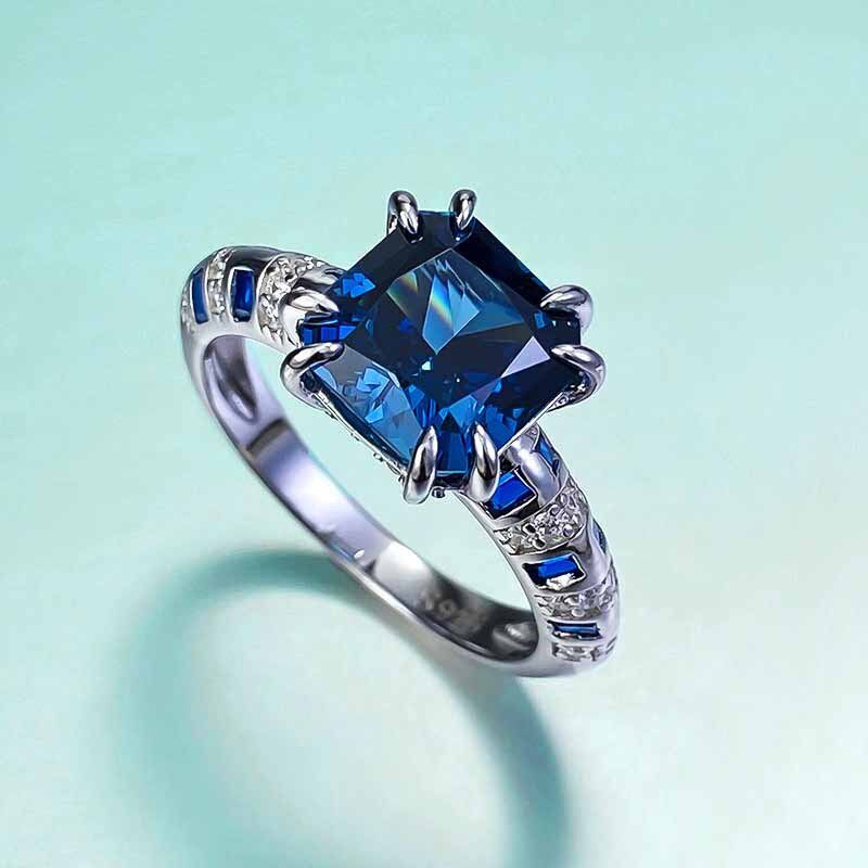 珠宝S92j5银8*8m皇家蓝方形高碳钻戒指仿真钻石戒指女欧美款