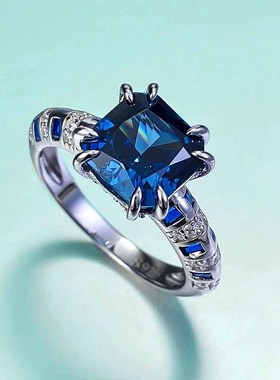 珠宝S92j5银8*8m皇家蓝方形高碳钻戒指仿真钻石戒指女欧美款