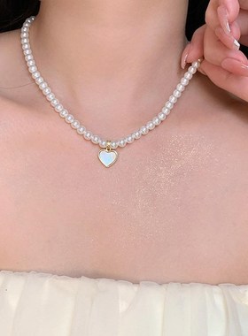 淡水贝母a爱心仿珍珠项链欧美风个性锁骨链高级感简约气质颈链女
