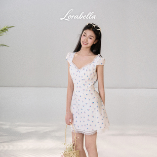 Lora Bella/“白昼青苔”全棉蓝色碎花V领带袖收腰连衣裙春季新款